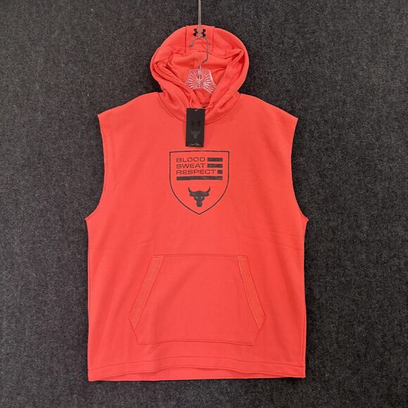 Under Armour Project Rock Hoodie Men XL Tangerine Sleeveless Blood Sweat Respect - Picture 1 of 7